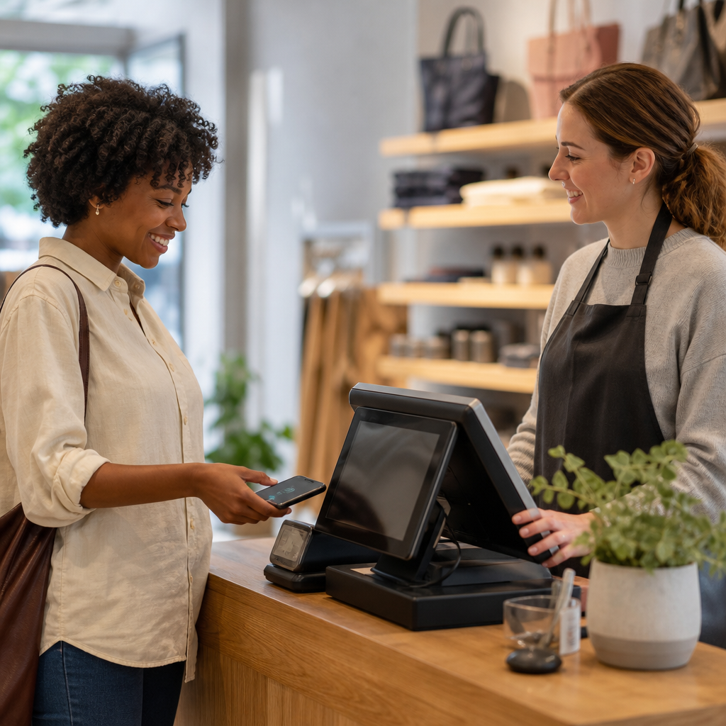 Modern Retail Checkout with Contactless Payment and Customer Assistance